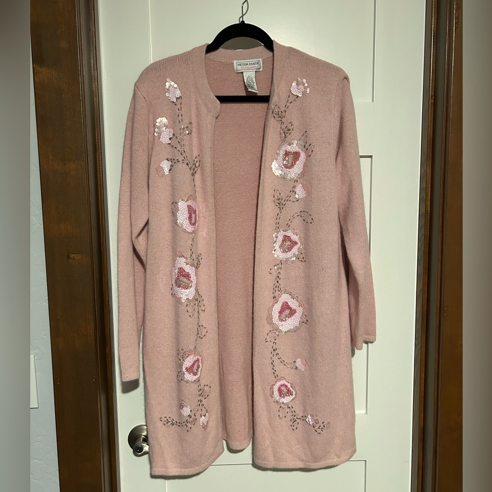 Victor Costa Embroidered Silk / Angora Long Line Cardigan Duster Size Large